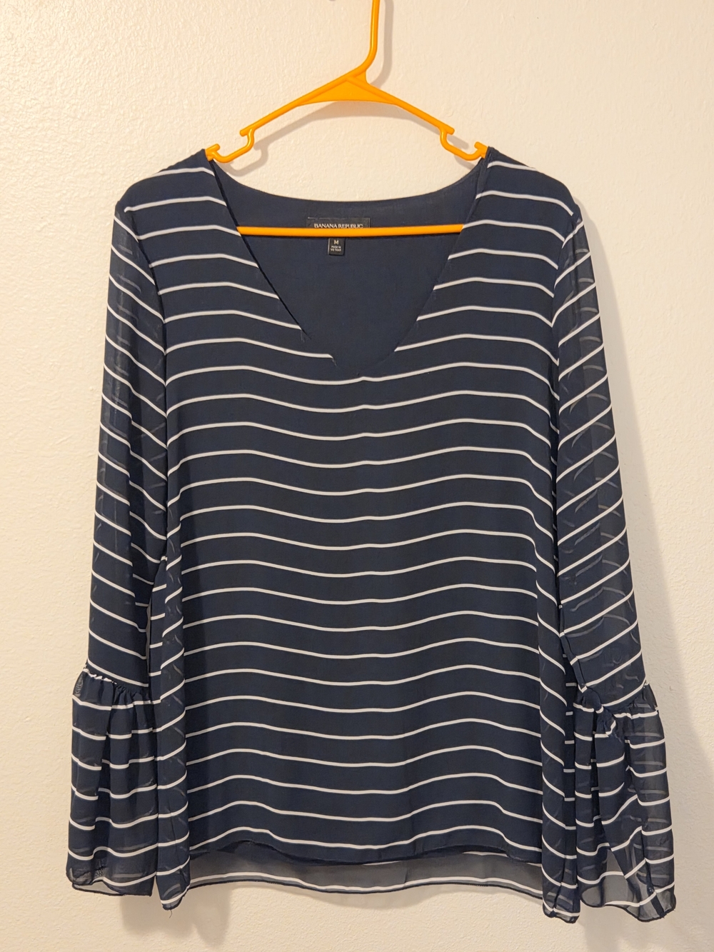Banana Republic Navy and White Striped V-Neck Bell Sleeve Blouse